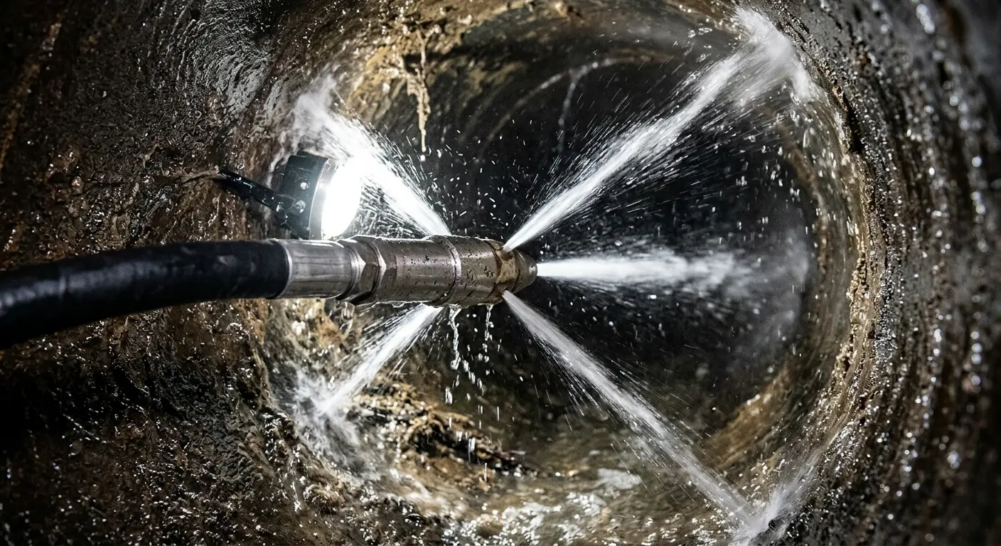 High-pressure hydro jetting nozzle cleaning sewer pipe for Emergency Drain Service in Beacon Square