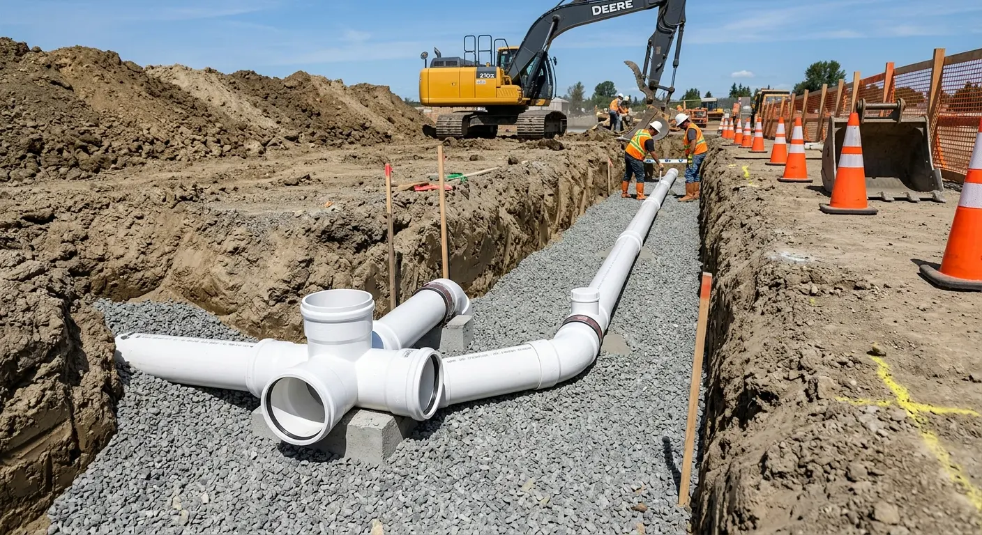 New PVC sewer pipe installation in open trench for Commercial Drain Cleaning in Beacon Square