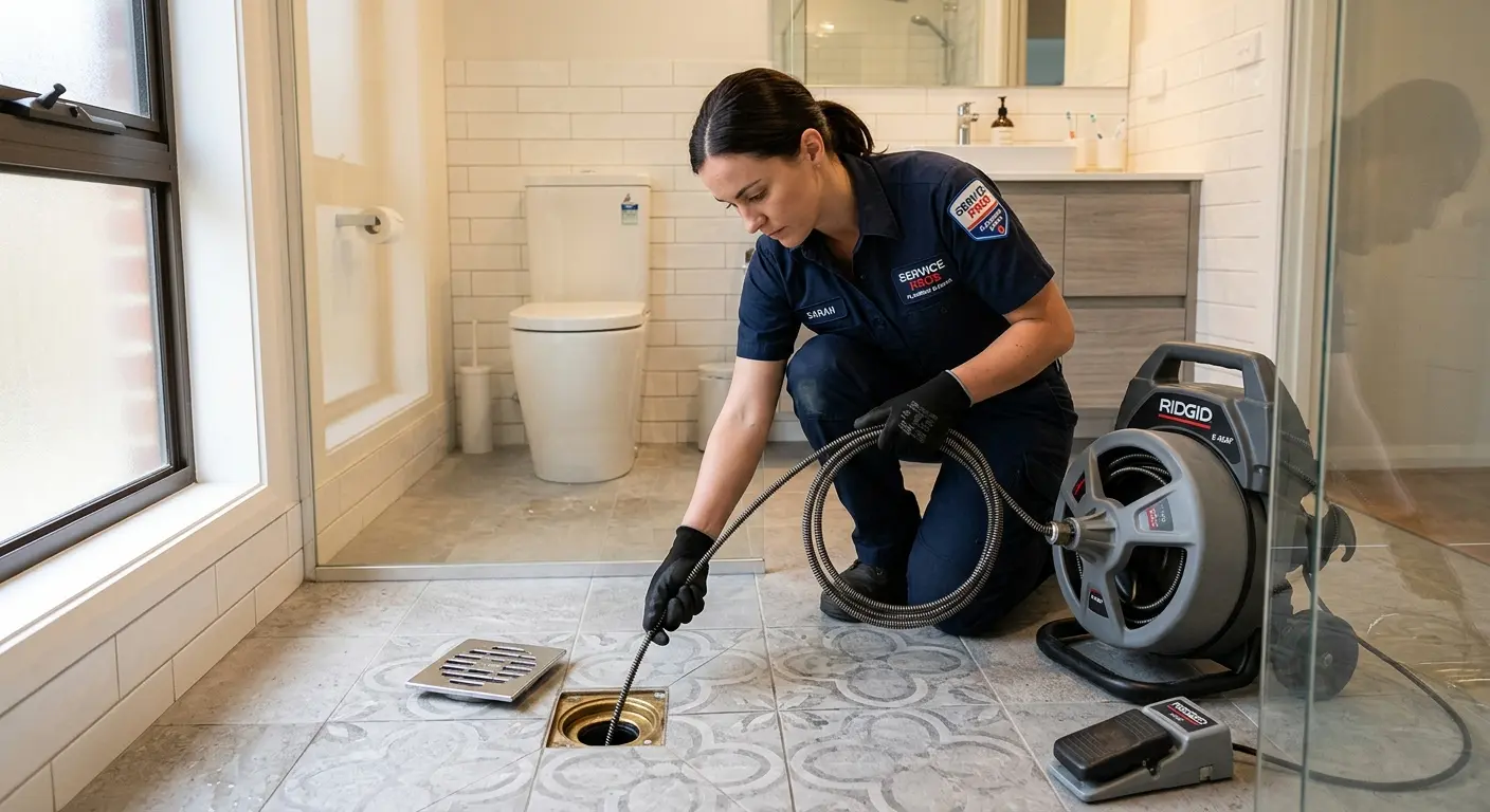 Technician clearing a bathroom floor drain for Clogged Drain Repair in Beacon Square